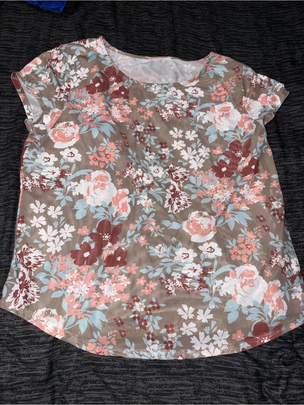 Women's Floral Scoop Neck Blouse - Taupe with Pink & Blue Floral